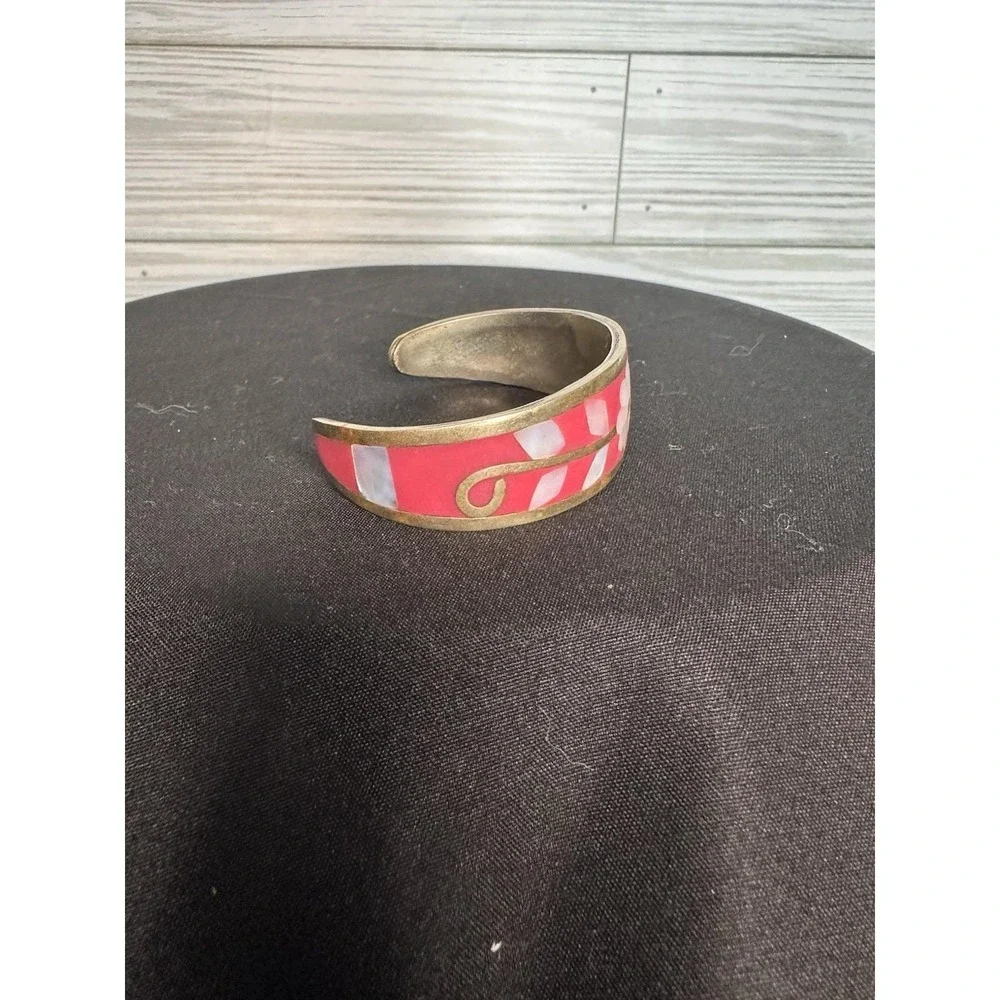 Vintage Mexico SILVER Pink Abalone Mother Of Pearl Inlay Cuff Bracelet